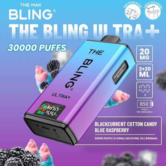 The Bling Ultra Plus 30k Prefilled Vape Pod Kit Box of 5, Blackcurrent, Cotton Candy, Blue Raspberry Flavour