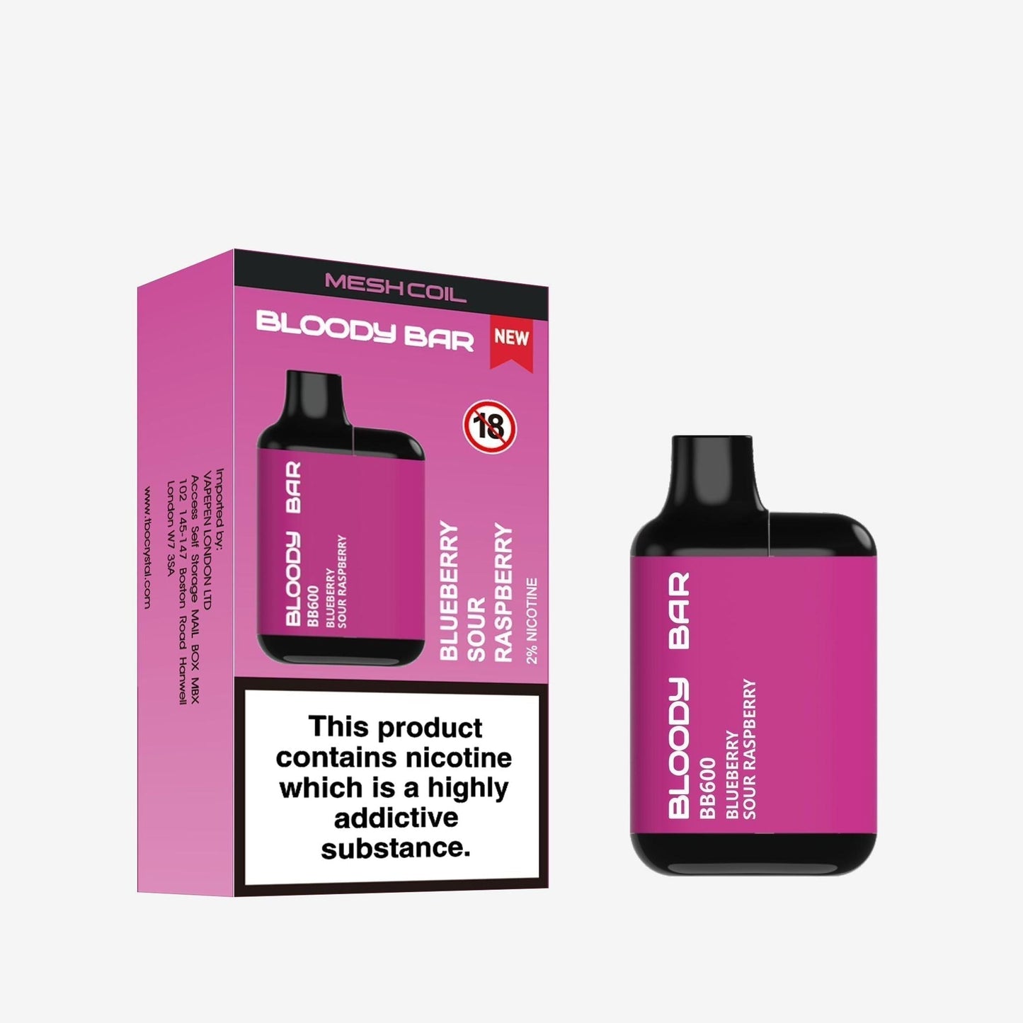 Bloody Bar BB600 Prefilled Pod Vape Kit Pack of 10, Blueberry Sour Raspberry Flavour