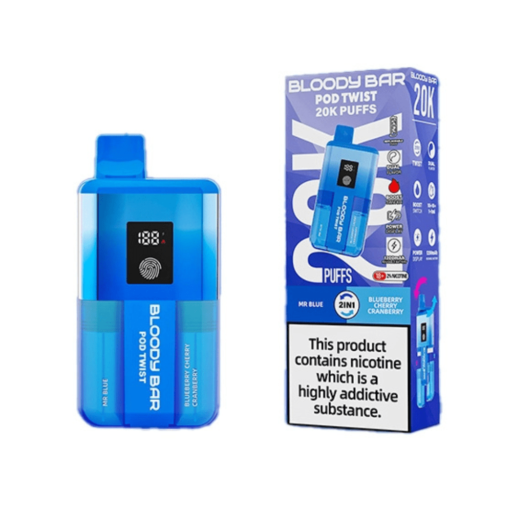Bloody Bar Pod Twist 20K Prefilled Pod Kit Box of 5 available in Mr Blue, and Blueberry Raspberry 