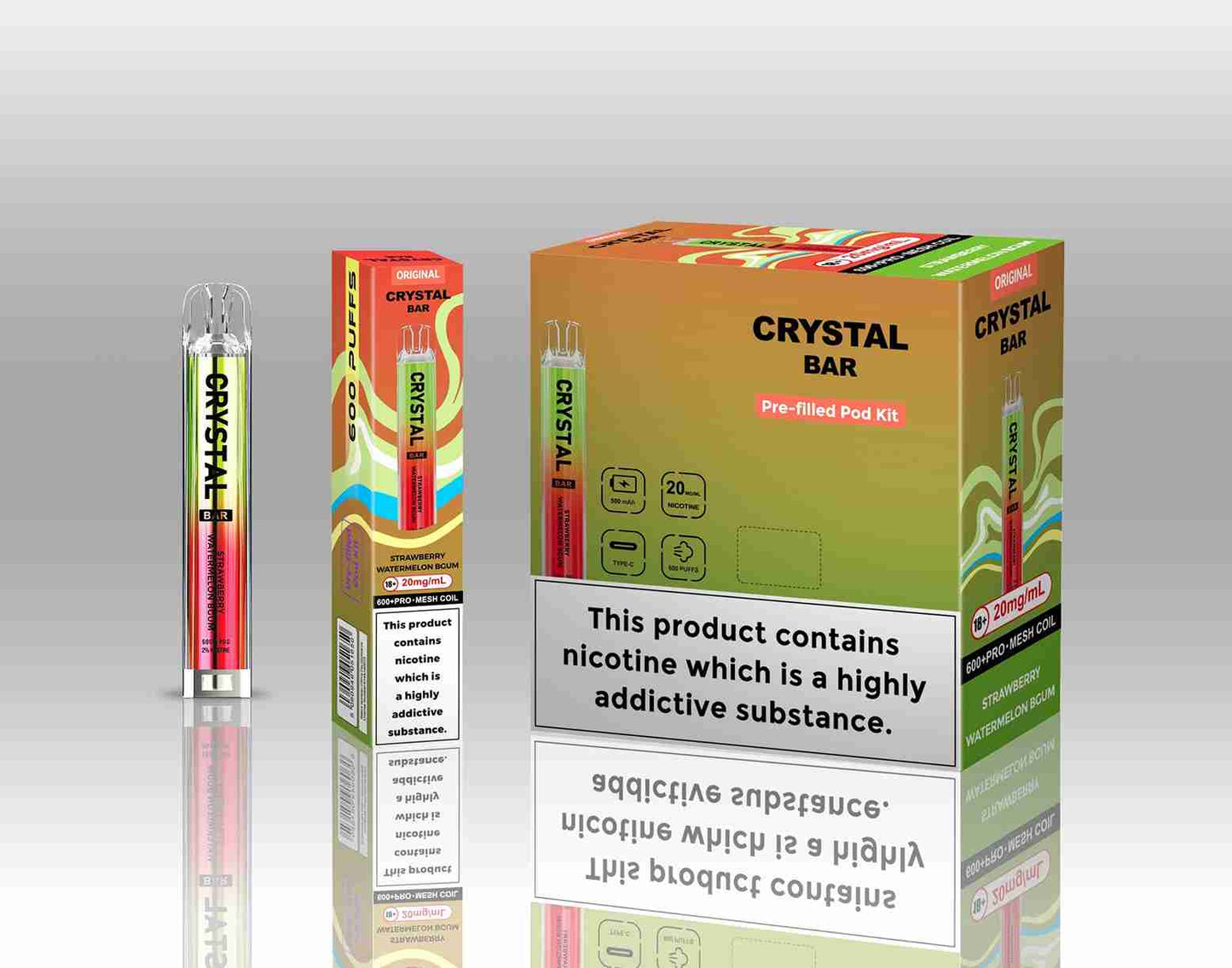 Image of Crystal Bar Original 600 Prefilled Pod Kit Pack of 10 - Flavour Strawberry Watermelon B Gum