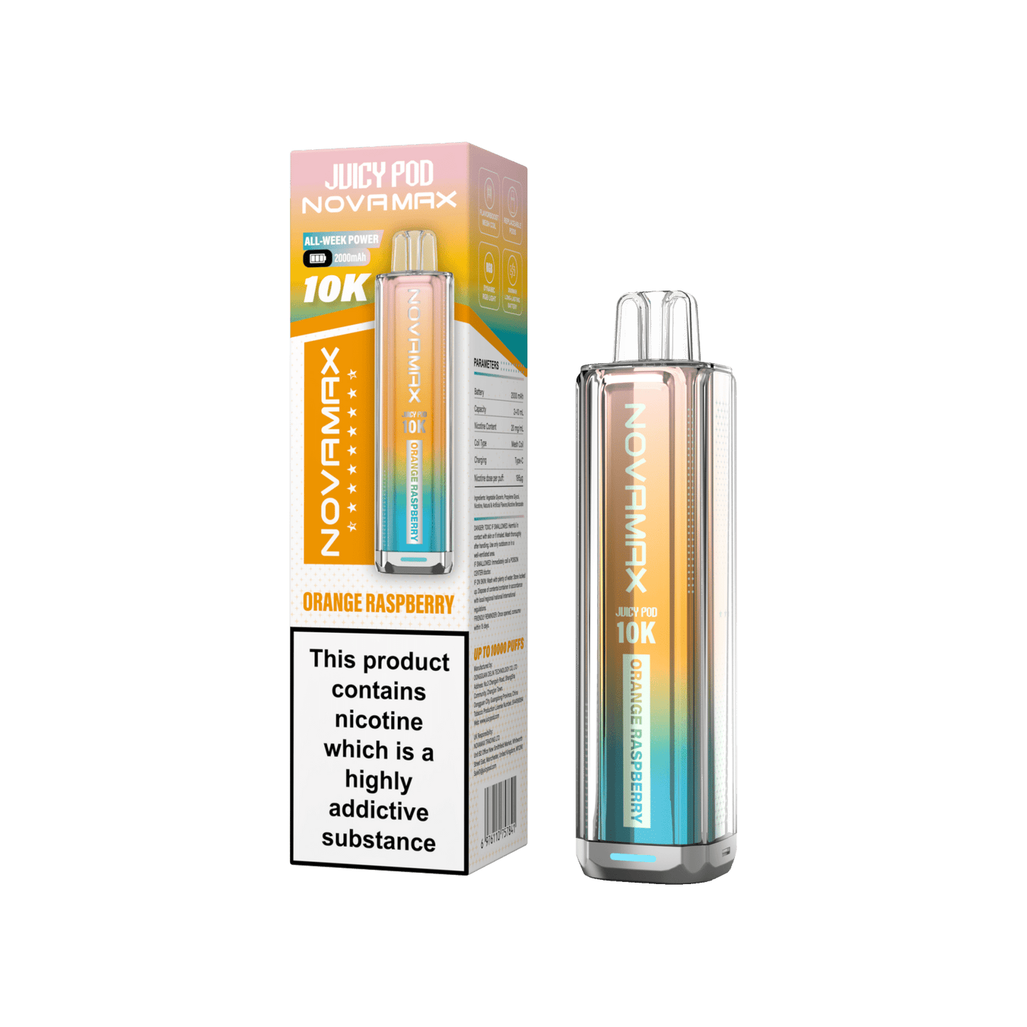 Juicy Pod Novamax 10k Prefilled Pod Vape Kit - Pack of 5 available in Orange Raspberry Flavour 