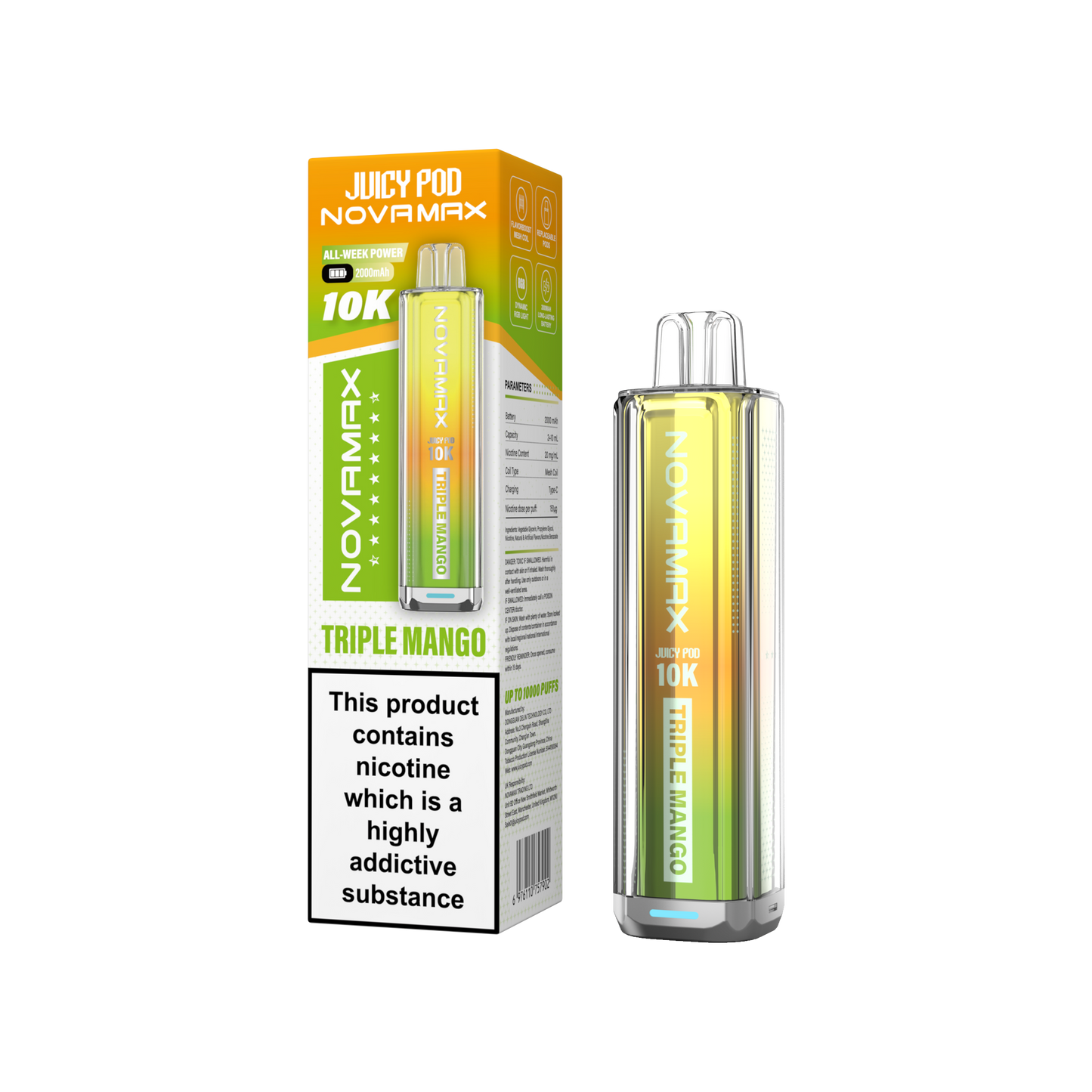 Juicy Pod Novamax 10k Prefilled Pod Vape Kit - Pack of 5 available in Triple Mango Flavour 